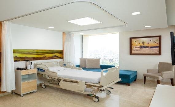 Patient room with city-view window